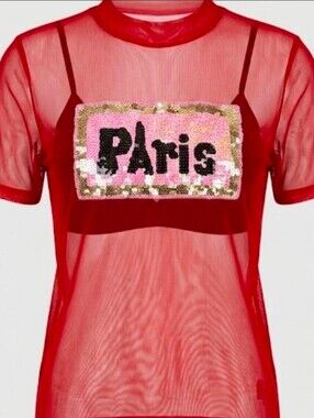 ✨ BUZZ Paris Sequin Sheer Red Mesh Top ✨size Medium. Coquette.